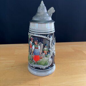Vintage Germany Beer Stein. Painted Ceramic with Pewter Lid. Collector Item.
